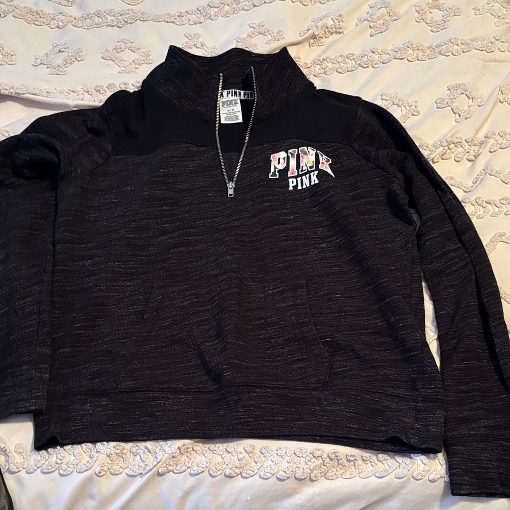 PINK Quarter-Zip Pullover Sweatshirt in Black with Floral Logo medium